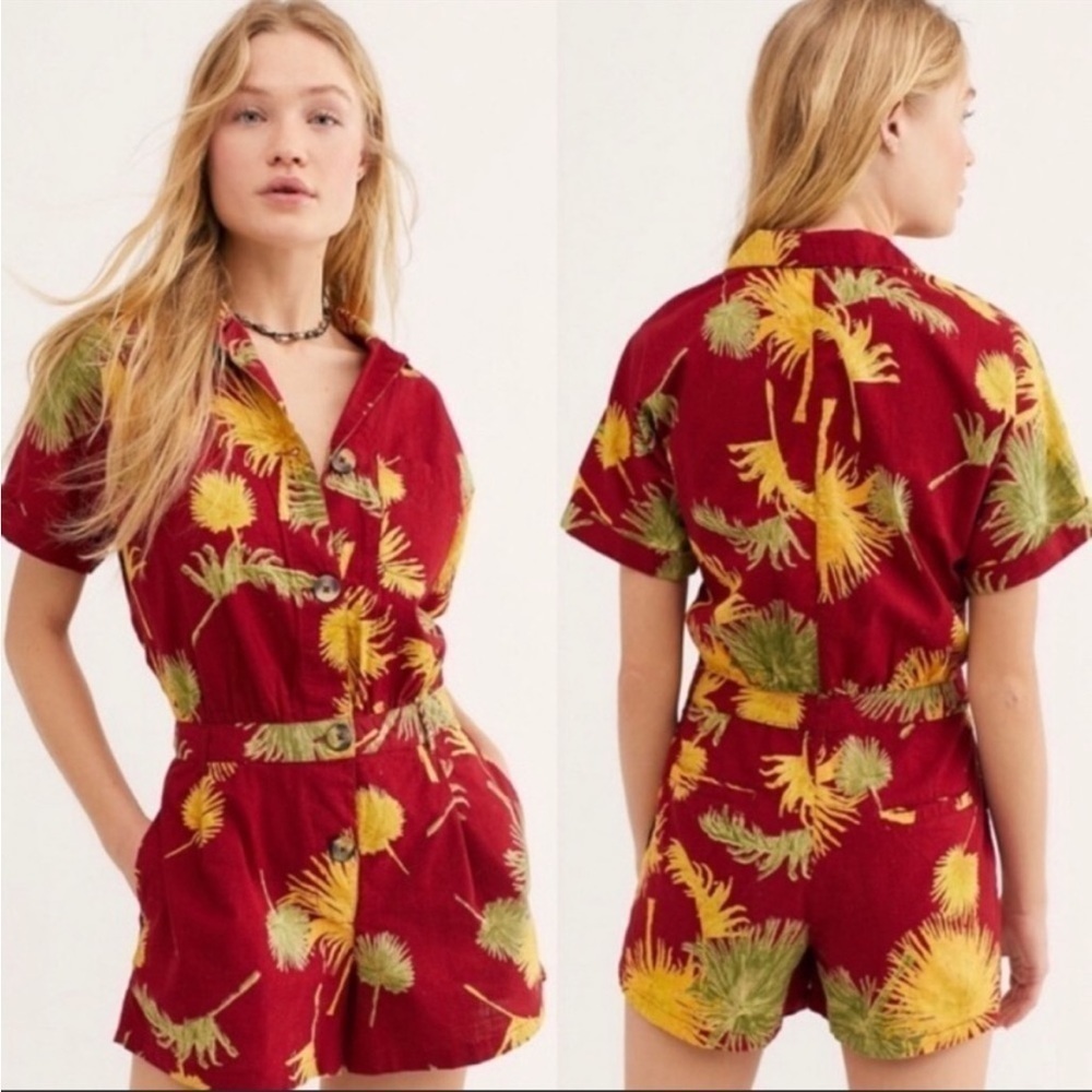 Free People Malibu romper red yellow vintage palm print size XS